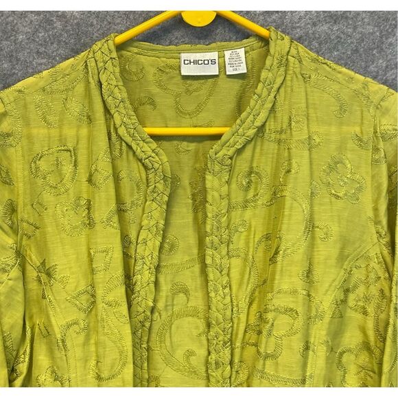 CHICO’S Silk Linen Jacket Size 1 (8/M) Chartreuse Embroidered Open Front Green - Picture 2 of 11